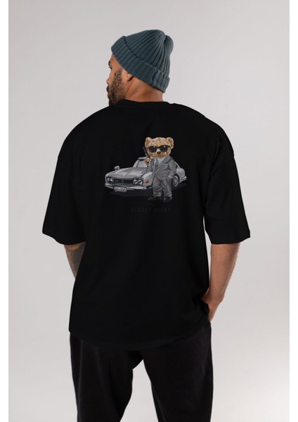 Teddy Bear The Secret Agent Arka Baskılı Siyah Erkek Kadın Bisiklet Yaka Oversize T-Shirt modelleri