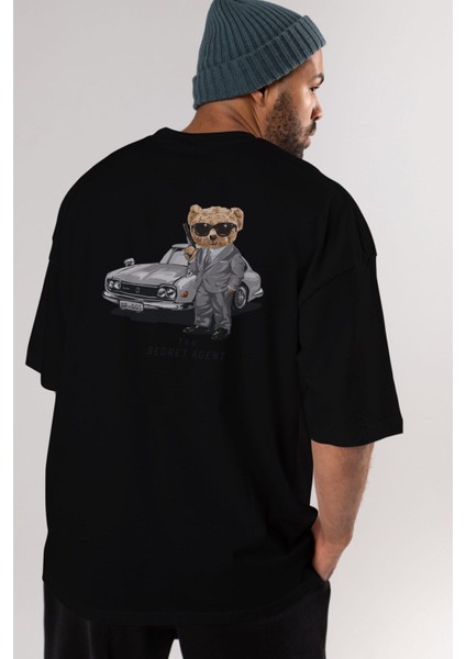 Teddy Bear The Secret Agent Arka Baskılı Siyah Erkek Kadın Bisiklet Yaka Oversize T-Shirt fırsatları