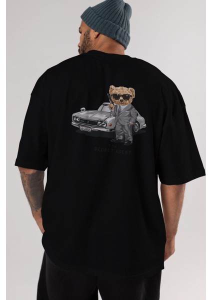 Teddy Bear The Secret Agent Arka Baskılı Siyah Erkek Kadın Bisiklet Yaka Oversize T-Shirt indirimleri
