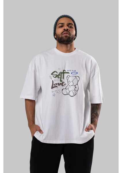 Self Love Bear Ön Baskılı Beyaz Oversize T-Shirt Erkek Kadın Bisiklet Yaka