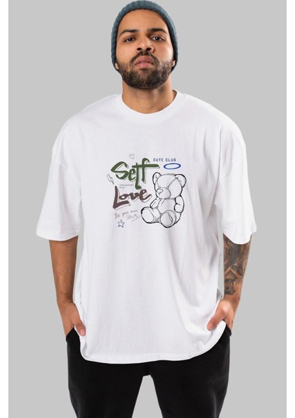 Self Love Bear Ön Baskılı Beyaz Oversize T-Shirt Erkek Kadın Bisiklet Yaka fırsatları