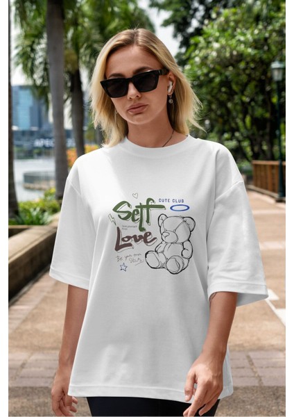 Self Love Bear Ön Baskılı Beyaz Oversize T-Shirt Erkek Kadın Bisiklet Yaka indirimleri
