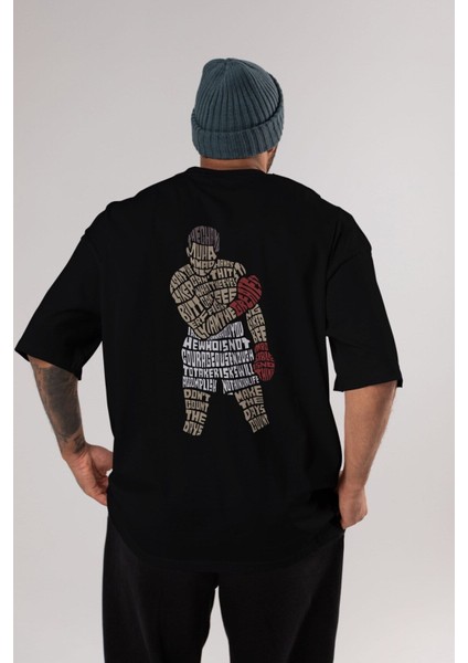 The Champ Muhammad Ali Arka Baskılı Siyah Oversize T-Shirt Erkek Kadın Bisiklet Yaka