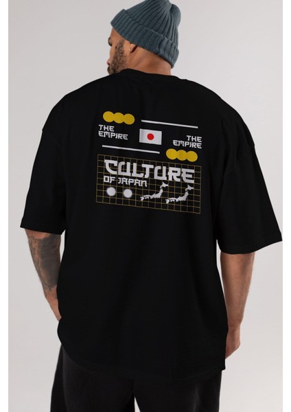 The Empire Culture Japan Arka Baskılı Siyah Oversize T-Shirt Erkek Kadın Bisiklet Yaka