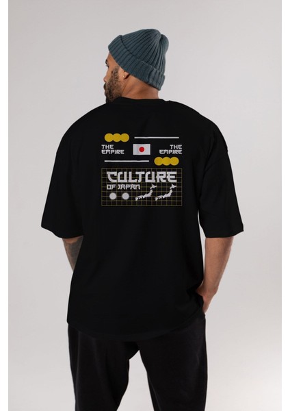 The Empire Culture Japan Arka Baskılı Siyah Oversize T-Shirt Erkek Kadın Bisiklet Yaka modelleri