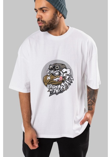Bird Pilot Ön Baskılı Beyaz Oversize T-Shirt Erkek Kadın Bisiklet Yaka fiyatları