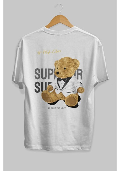 Teddy Bear Superior Arka Baskılı Beyaz Erkek Kadın Bisiklet Yaka Oversize T-Shirt