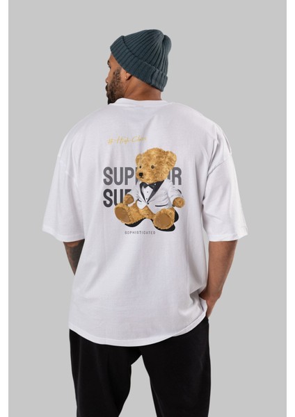 Teddy Bear Superior Arka Baskılı Beyaz Erkek Kadın Bisiklet Yaka Oversize T-Shirt fiyatları