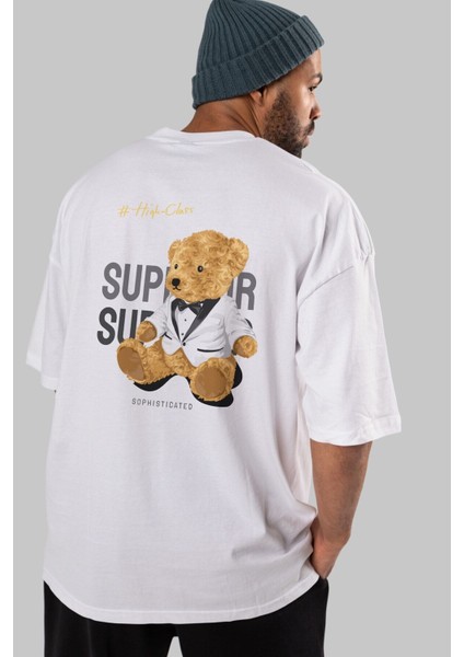 Teddy Bear Superior Arka Baskılı Beyaz Erkek Kadın Bisiklet Yaka Oversize T-Shirt modelleri
