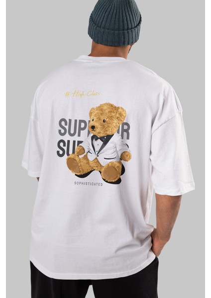 Teddy Bear Superior Arka Baskılı Beyaz Erkek Kadın Bisiklet Yaka Oversize T-Shirt fırsatları