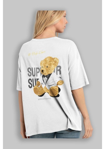 Teddy Bear Superior Arka Baskılı Beyaz Erkek Kadın Bisiklet Yaka Oversize T-Shirt indirimleri