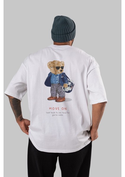 Teddy Bear Move On Arka Baskılı Beyaz Erkek Kadın Bisiklet Yaka Oversize T-Shirt