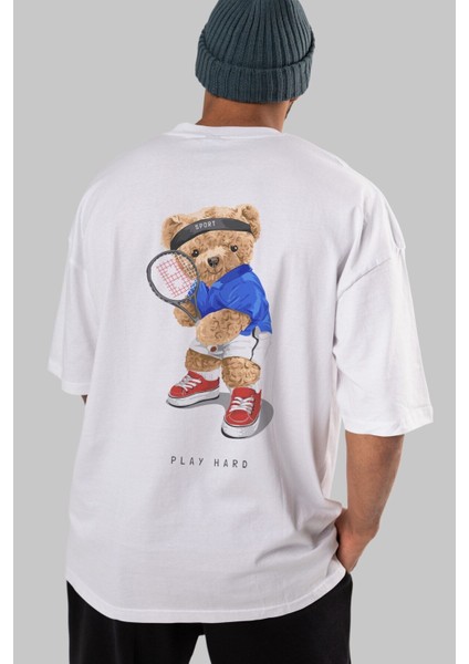 Teddy Bear Play Hard Arka Baskılı Beyaz Erkek Kadın Bisiklet Yaka Oversize T-Shirt fiyatları
