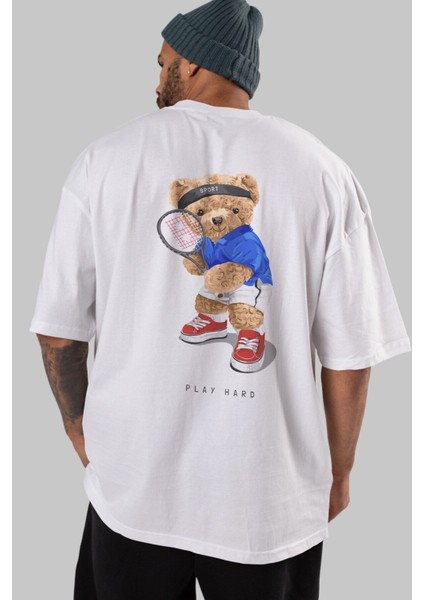Teddy Bear Play Hard Arka Baskılı Beyaz Erkek Kadın Bisiklet Yaka Oversize T-Shirt modelleri