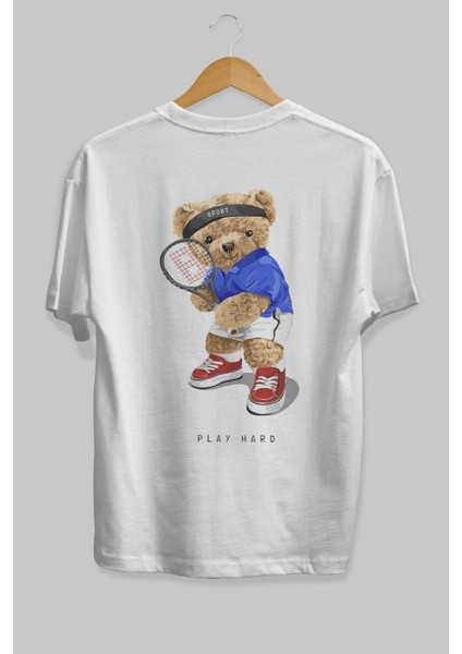 Teddy Bear Play Hard Arka Baskılı Beyaz Erkek Kadın Bisiklet Yaka Oversize T-Shirt fırsatları