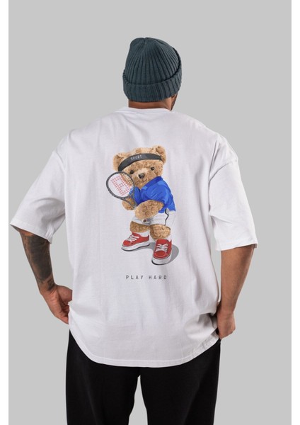 Teddy Bear Play Hard Arka Baskılı Beyaz Erkek Kadın Bisiklet Yaka Oversize T-Shirt indirimleri