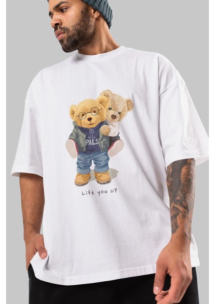 Teddy Bear Lift You Up Ön Baskılı Beyaz Oversize T-Shirt Erkek Kadın Bisiklet Yaka
