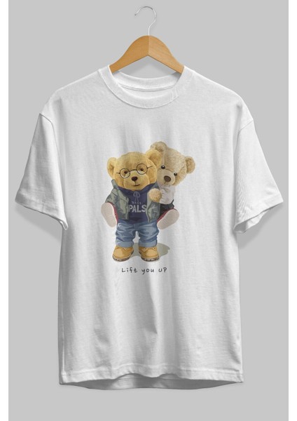 Teddy Bear Lift You Up Ön Baskılı Beyaz Oversize T-Shirt Erkek Kadın Bisiklet Yaka fiyatları