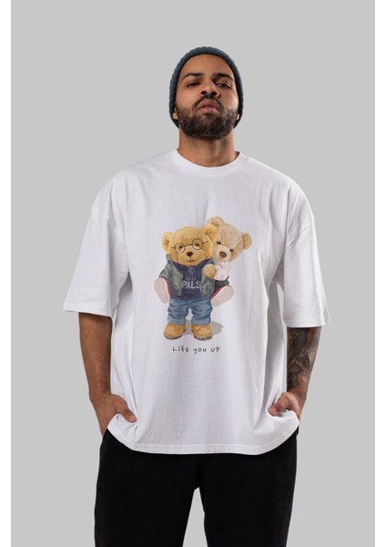 Teddy Bear Lift You Up Ön Baskılı Beyaz Oversize T-Shirt Erkek Kadın Bisiklet Yaka modelleri
