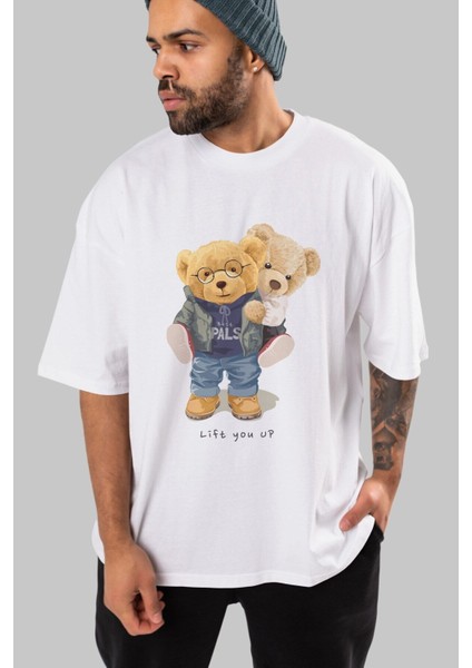 Teddy Bear Lift You Up Ön Baskılı Beyaz Oversize T-Shirt Erkek Kadın Bisiklet Yaka fırsatları