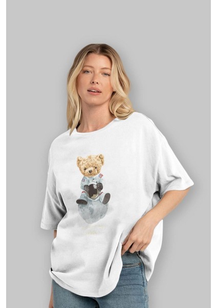 Teddy Bear I Need My Space Ön Baskılı Beyaz Oversize T-Shirt Erkek Kadın Bisiklet Yaka fiyatları