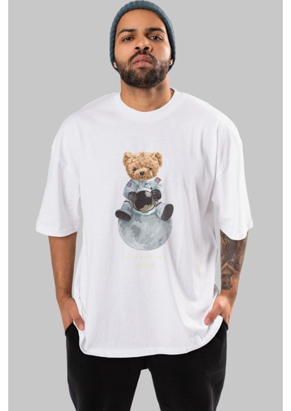 Teddy Bear I Need My Space Ön Baskılı Beyaz Oversize T-Shirt Erkek Kadın Bisiklet Yaka modelleri