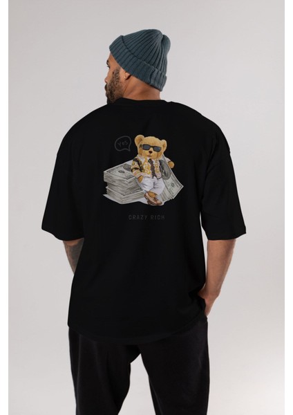 Teddy Bear Crazy Rich Arka Baskılı Siyah Erkek Kadın Bisiklet Yaka Oversize T-Shirt