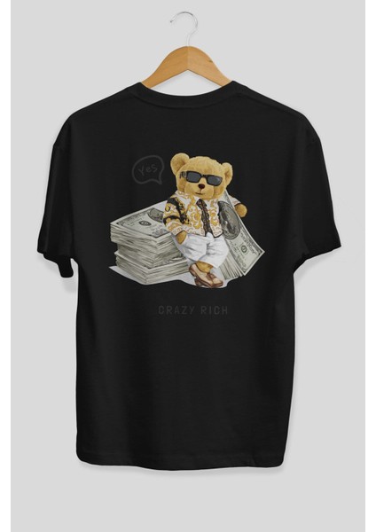 Teddy Bear Crazy Rich Arka Baskılı Siyah Erkek Kadın Bisiklet Yaka Oversize T-Shirt fiyatları
