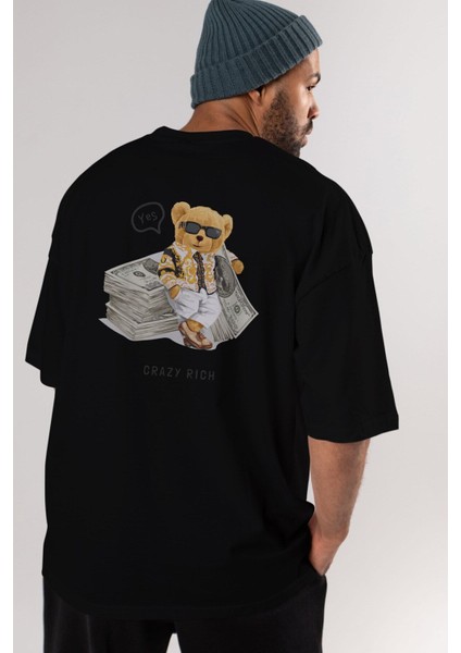 Teddy Bear Crazy Rich Arka Baskılı Siyah Erkek Kadın Bisiklet Yaka Oversize T-Shirt indirimleri