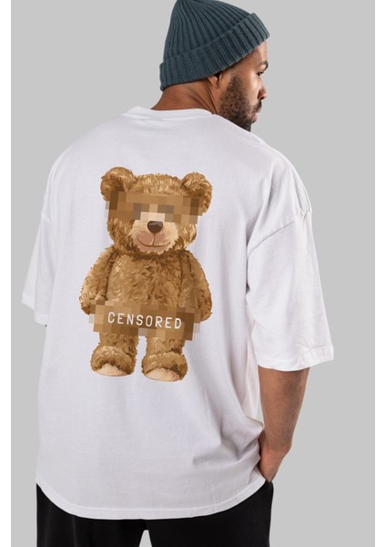Teddy Bear Censored Arka Baskılı Beyaz Erkek Kadın Bisiklet Yaka Oversize T-Shirt