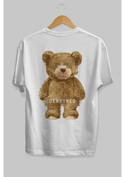 Teddy Bear Censored Arka Baskılı Beyaz Erkek Kadın Bisiklet Yaka Oversize T-Shirt modelleri