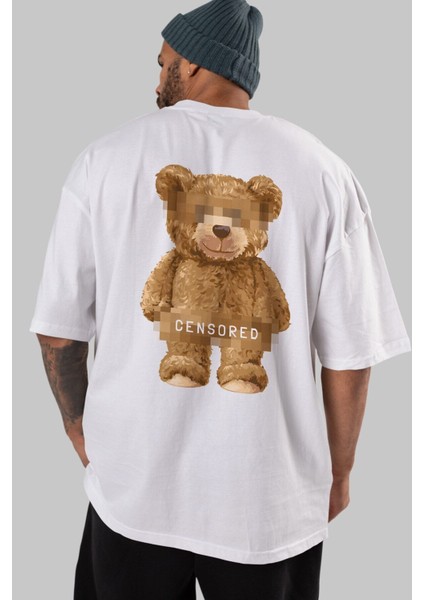 Teddy Bear Censored Arka Baskılı Beyaz Erkek Kadın Bisiklet Yaka Oversize T-Shirt fırsatları