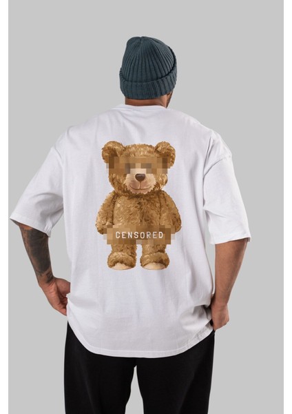 Teddy Bear Censored Arka Baskılı Beyaz Erkek Kadın Bisiklet Yaka Oversize T-Shirt indirimleri