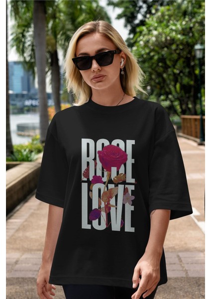 Rose Love Ön Baskılı Siyah Oversize T-Shirt Erkek Kadın Bisiklet Yaka fiyatları