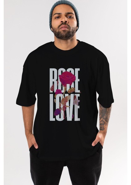 Rose Love Ön Baskılı Siyah Oversize T-Shirt Erkek Kadın Bisiklet Yaka fırsatları