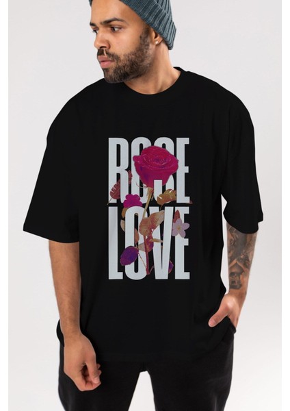 Rose Love Ön Baskılı Siyah Oversize T-Shirt Erkek Kadın Bisiklet Yaka indirimleri