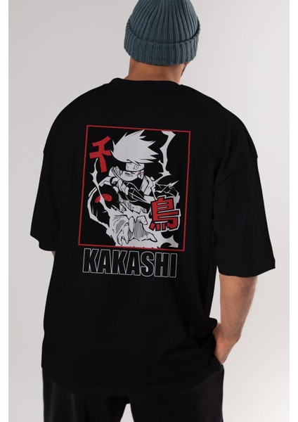 Kakashı Hatake Naruto Anime Arka Baskılı Siyah Oversize T-Shirt Erkek Kadın fırsatları