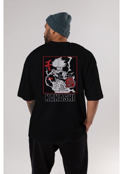 Kakashı Hatake Naruto Anime Arka Baskılı Siyah Oversize T-Shirt Erkek Kadın indirimleri