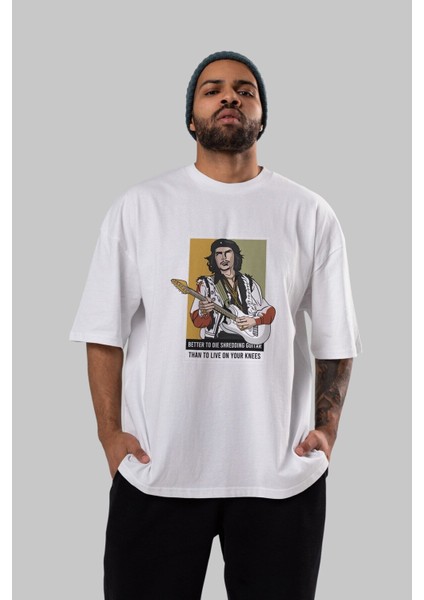 Che Guevara Hendrix Ön Baskılı Beyaz Oversize T-Shirt Erkek Kadın Bisiklet Yaka