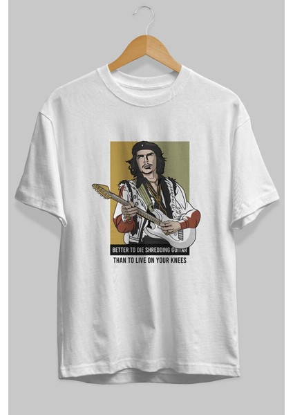 Che Guevara Hendrix Ön Baskılı Beyaz Oversize T-Shirt Erkek Kadın Bisiklet Yaka fiyatları