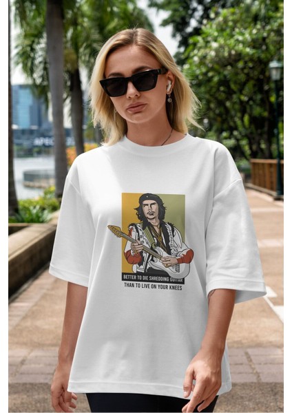 Che Guevara Hendrix Ön Baskılı Beyaz Oversize T-Shirt Erkek Kadın Bisiklet Yaka modelleri