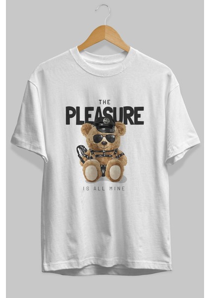 Teddy Bear The Pleasure Ön Baskılı Beyaz Oversize T-Shirt Erkek Kadın Bisiklet Yaka fiyatları