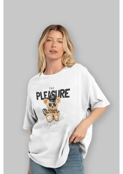 Teddy Bear The Pleasure Ön Baskılı Beyaz Oversize T-Shirt Erkek Kadın Bisiklet Yaka modelleri