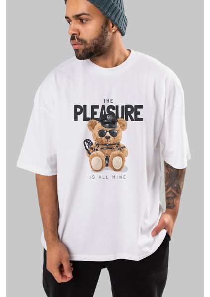 Teddy Bear The Pleasure Ön Baskılı Beyaz Oversize T-Shirt Erkek Kadın Bisiklet Yaka fırsatları