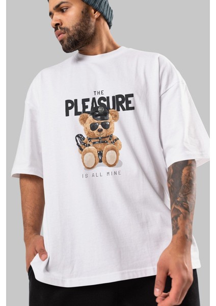 Teddy Bear The Pleasure Ön Baskılı Beyaz Oversize T-Shirt Erkek Kadın Bisiklet Yaka indirimleri