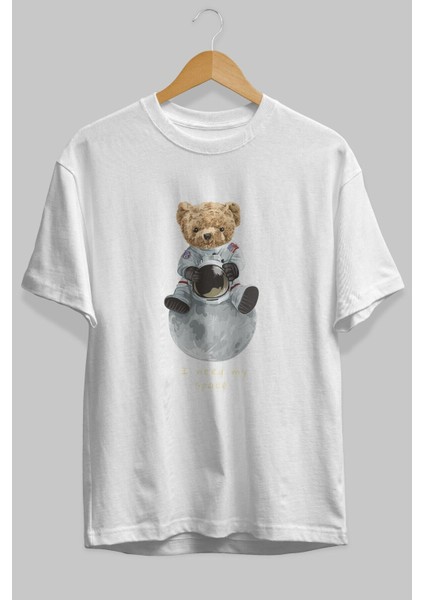 Teddy Bear I Need My Space Ön Baskılı Beyaz Oversize T-Shirt Erkek Kadın Bisiklet Yaka fırsatları