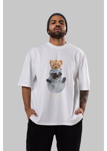 Teddy Bear I Need My Space Ön Baskılı Beyaz Oversize T-Shirt Erkek Kadın Bisiklet Yaka indirimleri