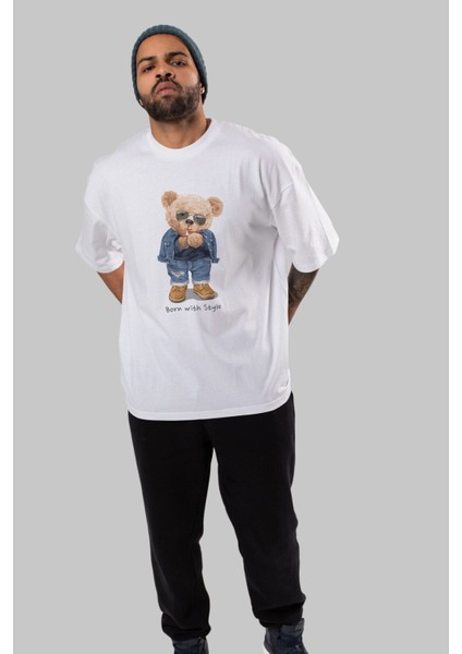 Teddy Bear Born With Style Ön Baskılı Beyaz Oversize T-Shirt Erkek Kadın Bisiklet Yaka fiyatları