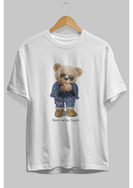 Teddy Bear Born With Style Ön Baskılı Beyaz Oversize T-Shirt Erkek Kadın Bisiklet Yaka fırsatları