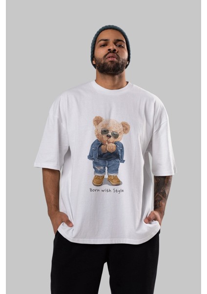Teddy Bear Born With Style Ön Baskılı Beyaz Oversize T-Shirt Erkek Kadın Bisiklet Yaka indirimleri